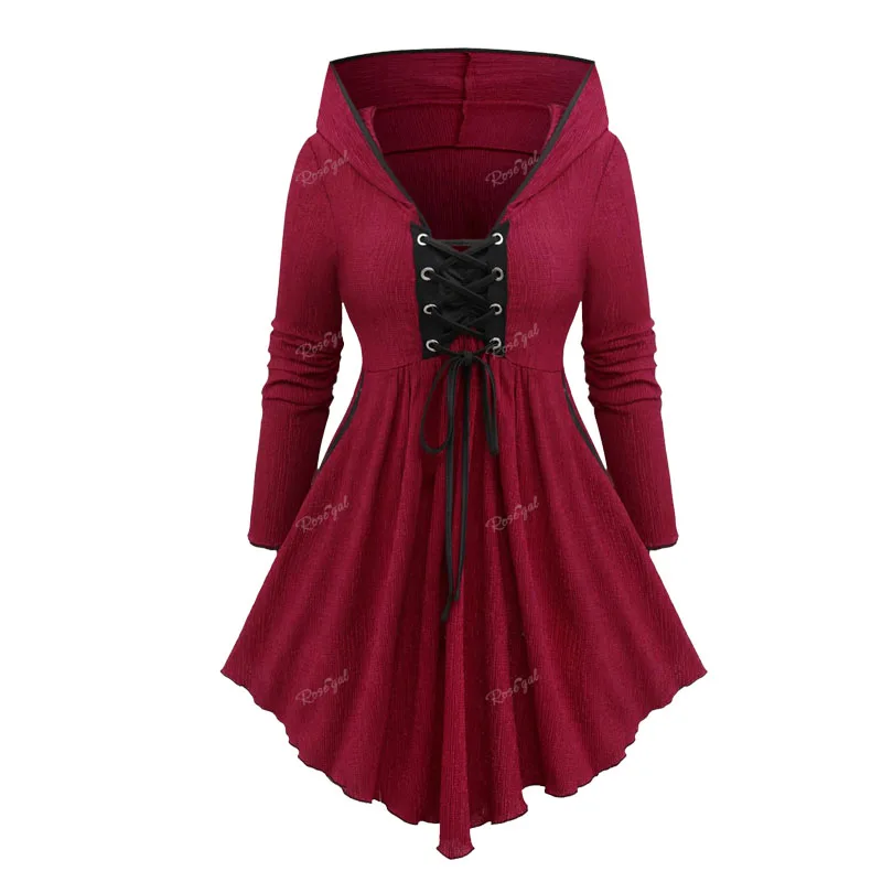 S651d72ab24e24bce9941c2d5f84edd23F.webp ROSEGAL-Plus Size Deep Red Hooded T-shirt for Women, Long Sleeves, Handkerchief, Lace Up, Ruffles Pullovers, Casual Tee