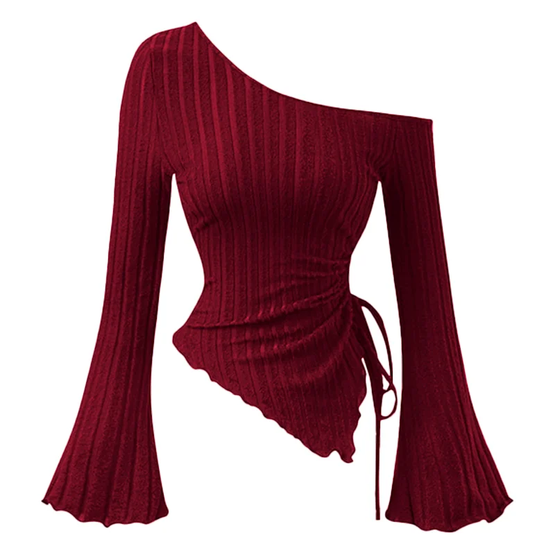 Gothic-inspired Brushed Rib Knit Top: Asymmetrical Boat Neckline with Flared Bell Sleeves and Exposed Single Shoulder Silhouette