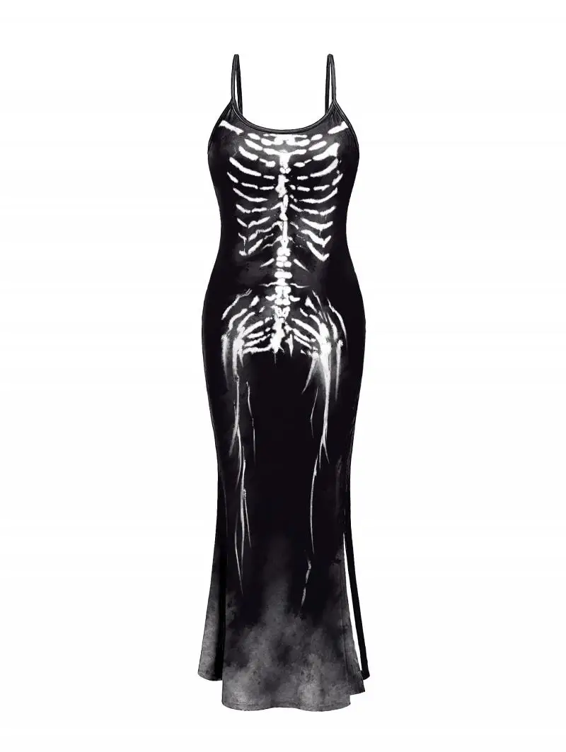 Punk Camisole Dress Halloween Long Dress Gothic Skeleton Pattern Cosplay Costume Party Dress Sexy Outfit Festival Clothing