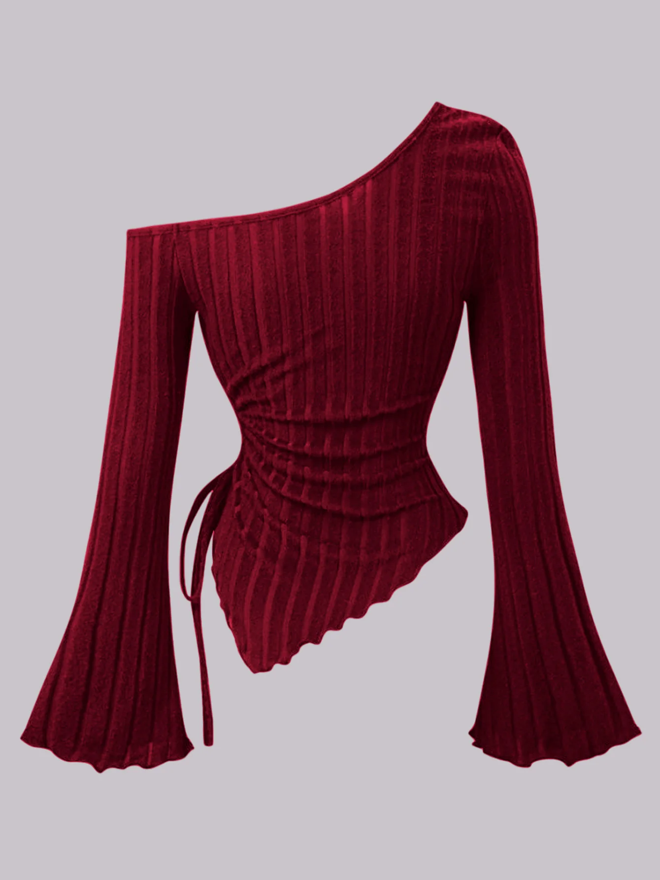Gothic-inspired Brushed Rib Knit Top: Asymmetrical Boat Neckline with Flared Bell Sleeves and Exposed Single Shoulder Silhouette - Image 3