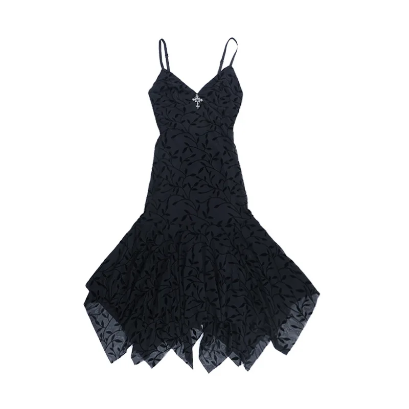 Goth Dark Cyber Y2K Partywear Harajuku Fashion Flocking Print Cross Straps Dress Mall Gothic Pleat Hem Bodycon Dresses Teachwear