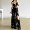 Goth Dark Mall Gothic Black Lace Mesh Spaghetti Strap Long Dress Sexy V-neck See Through A-line Dresses Fairy Ruffle Party Gown