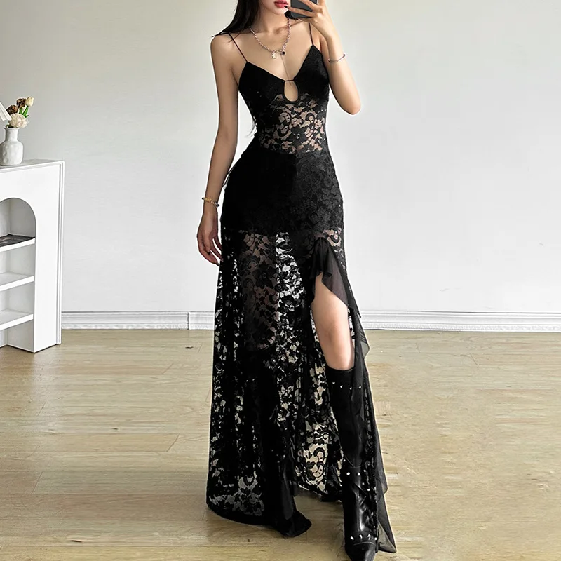 Goth Dark Mall Gothic Black Lace Mesh Spaghetti Strap Long Dress Sexy V-neck See Through A-line Dresses Fairy Ruffle Party Gown