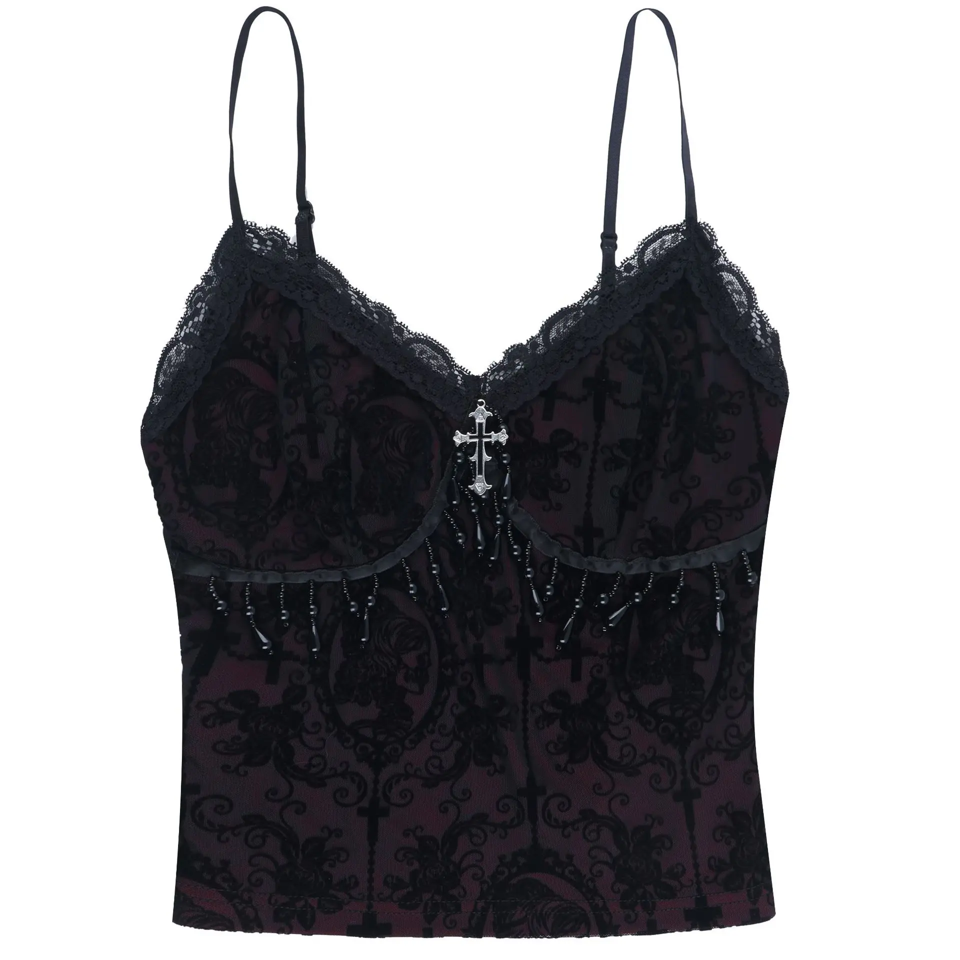 Goth Dark Alt Teachwear Fairycore Lace Flocking Straps Crop Tops Sexy Mesh Sheer Tank Top Mall Gothic Cross Tassel Slim Camisole
