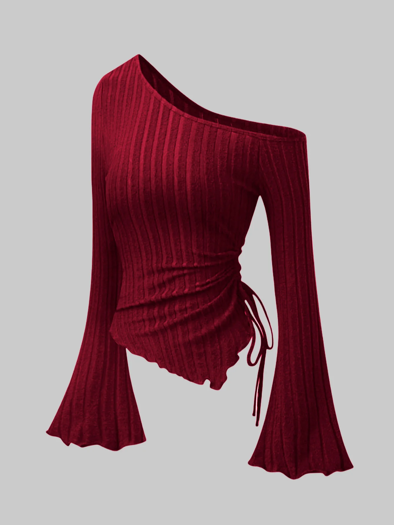 Gothic-inspired Brushed Rib Knit Top: Asymmetrical Boat Neckline with Flared Bell Sleeves and Exposed Single Shoulder Silhouette - Image 4