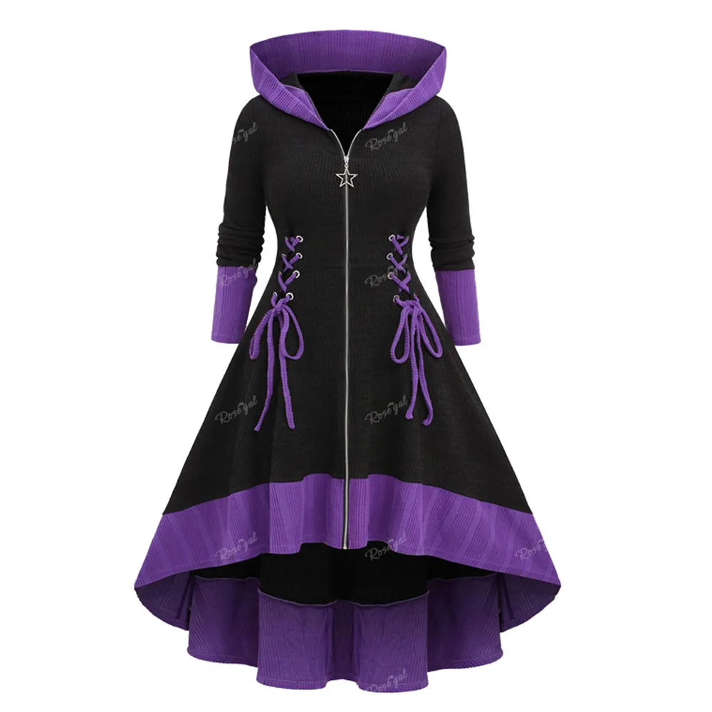 Sf9d5813d4de94c868033300a124d8f77i.webp ROSEGAL Plus Size Zipper Lace Up Hooded Sweater Dresses Women Autumn Winter Casual Long Sleeves Patchwork Dresses Vestidos 5XL