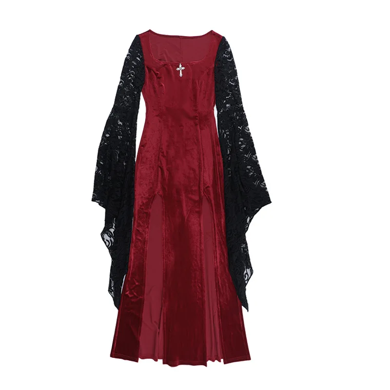 Goth Dark Elegant Fashion Lace Patchwork Velvet Long Dress Women Partywear Mall Gothic Flare Sleeve Hem Split Bodycon Dresses