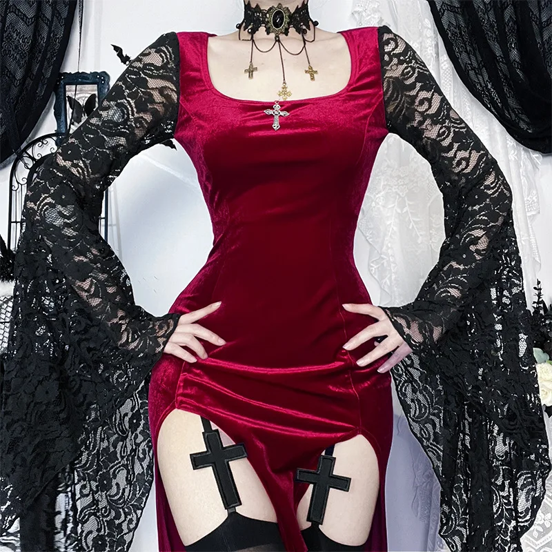 Goth Dark Elegant Fashion Lace Patchwork Velvet Long Dress Women Partywear Mall Gothic Flare Sleeve Hem Split Bodycon Dresses - Image 3