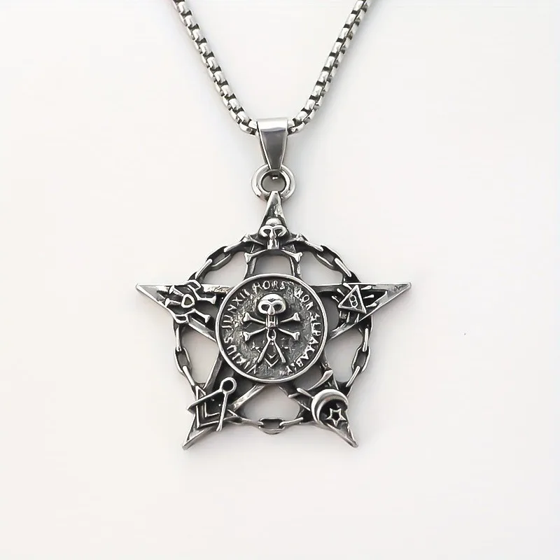 Gothic Punk Skull Head Pentacle Pendant Necklaces for Men Pentagram Star Sweater Chains Jewelry