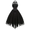Women Black Gothic Punk Vintage Party Dresses Sleeveless Cross Back Retro Lace Panel Chiffon Solid Corset Swing Dress Vestidos