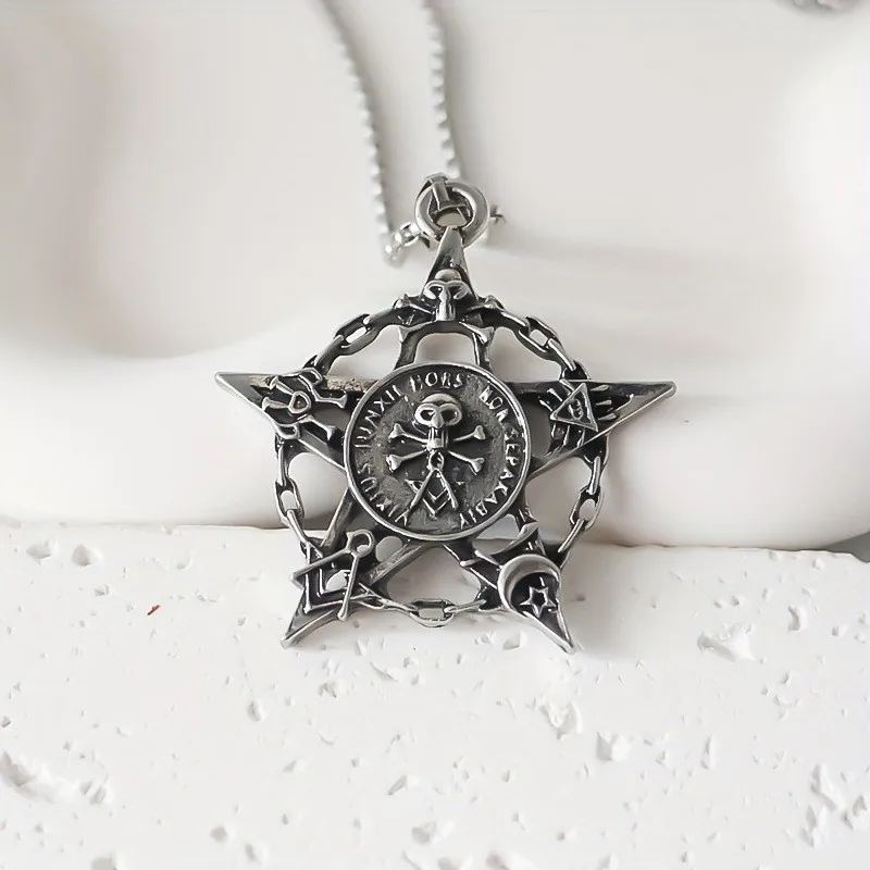 Gothic Punk Skull Head Pentacle Pendant Necklaces for Men Pentagram Star Sweater Chains Jewelry - Image 5