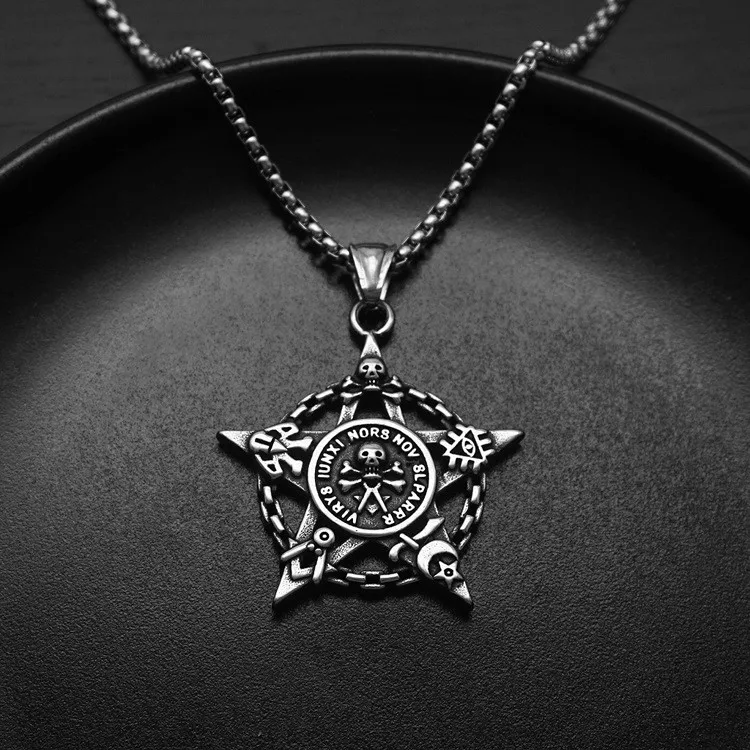 Gothic Punk Skull Head Pentacle Pendant Necklaces for Men Pentagram Star Sweater Chains Jewelry - Image 6