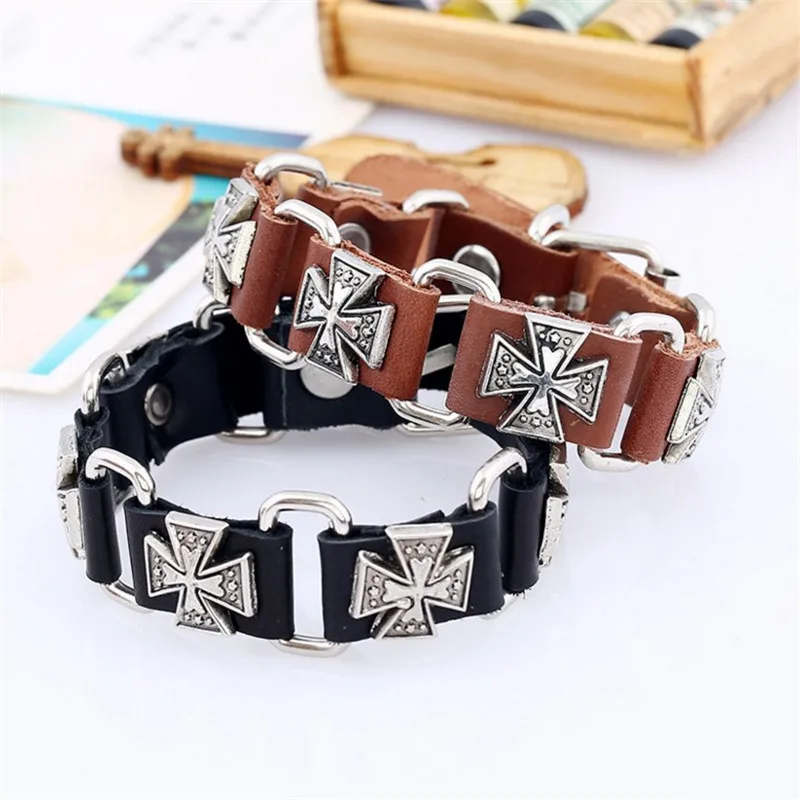 Vintage Punk PU Leather Bracelets Alloy Cross Rivet Bracelet for Men Women Fashion Classic Jewelry - Image 4