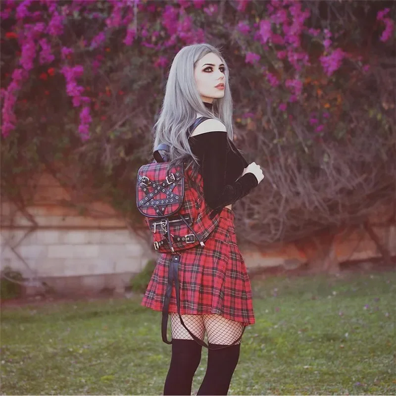 Women Girl's Gothic Punk Rock Dark Metal A Line A Shape Skirts Red Scotland Kilt Harajuku Lolita Pentagram Skirt Pentacle Belt - Image 7