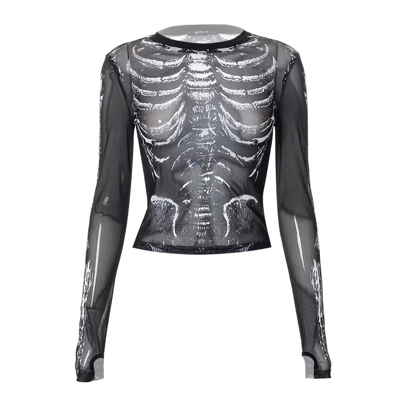 Gothic Punk Shirt 2000s Women Skeleton Pattern Round Neck Long Sleeve Crop Top Black Dark Academia Clothes y2k Tees Streetwear