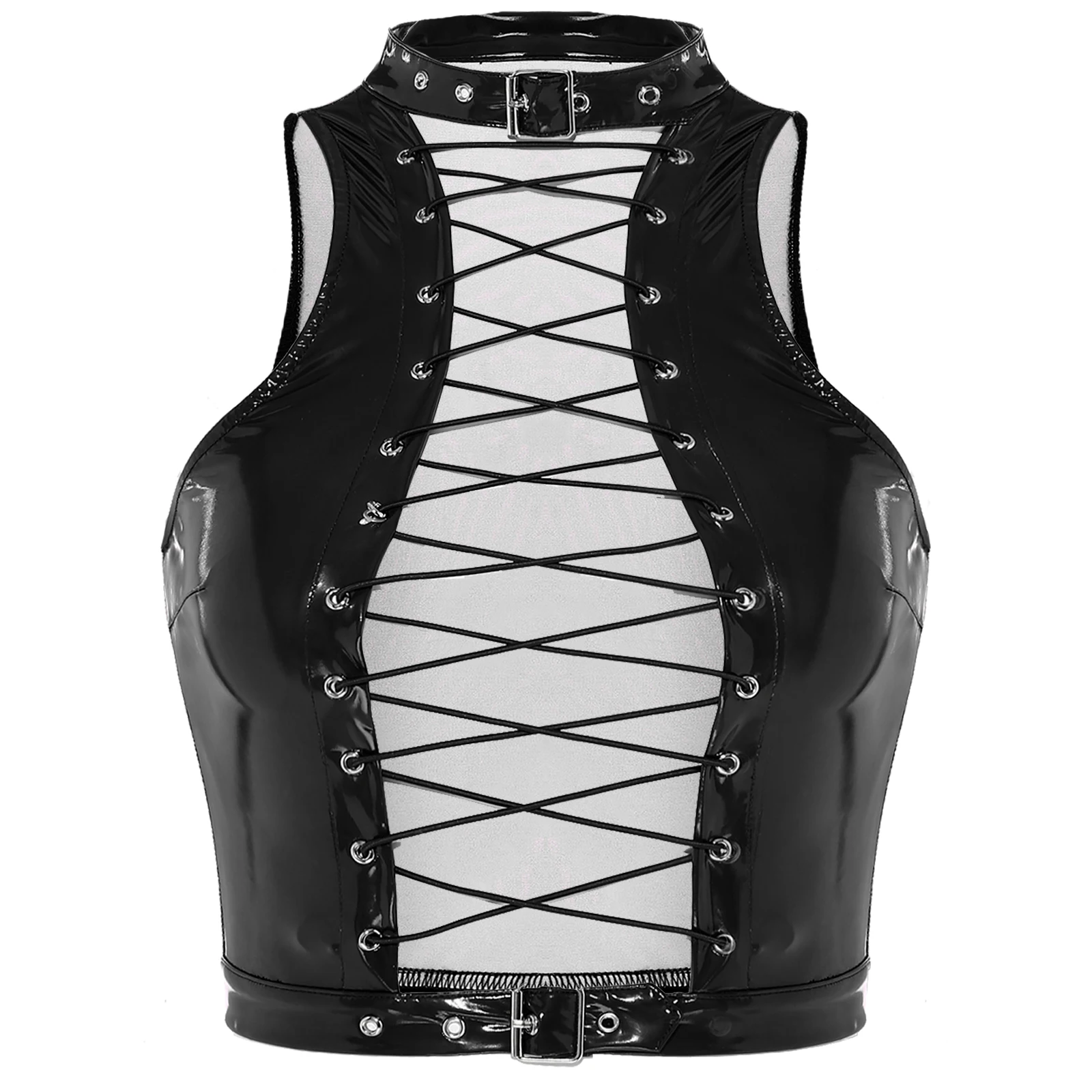S3e4c9bee0852450caebe861c07efb8dey.webp Womens Patent Leather Gothic Corset Crop Top Hollow Out Eyelet Lace-Up Vest Wet Look Clubwear y2k Clothes Gothic Punk Costumes