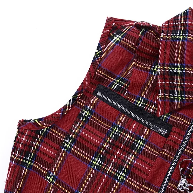 Women Gothic T-shirt Plaid Punk Streetwear Zipper Chain Plaid Female Goth Retro Hi Hop Camis Top Chic Sexy Crop Tops - Image 6