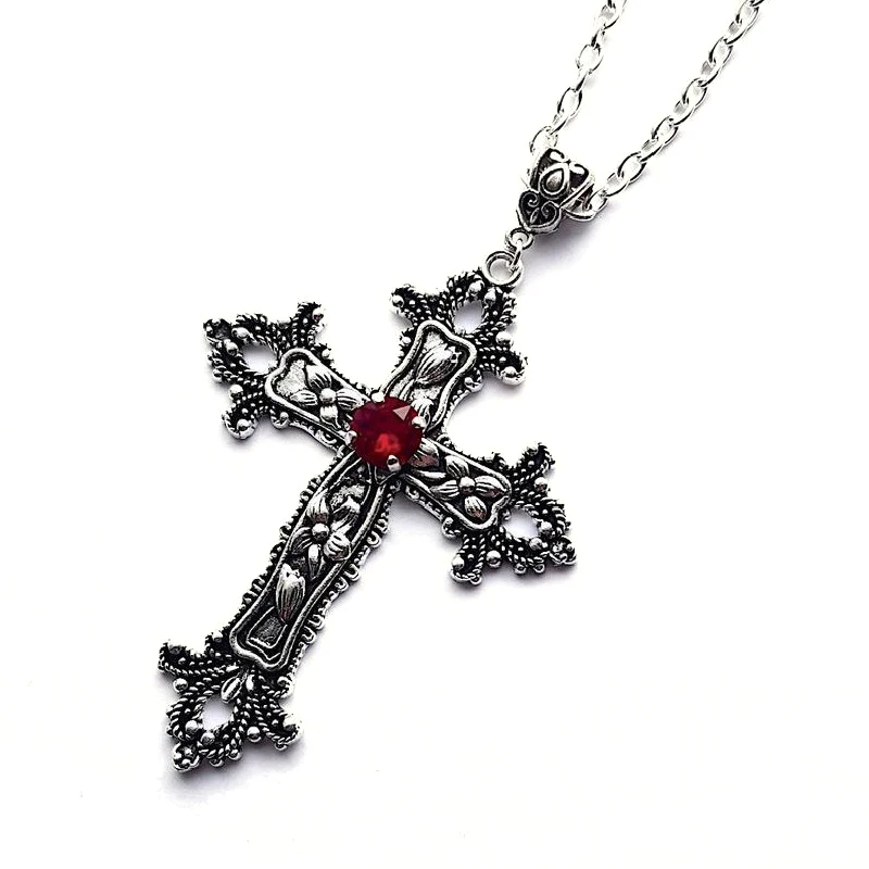 Goth Jewelry Red Black Crystal Cross Pendant Necklace For Women Men Gothic Punk Choker Necklaces Goth Jewelry