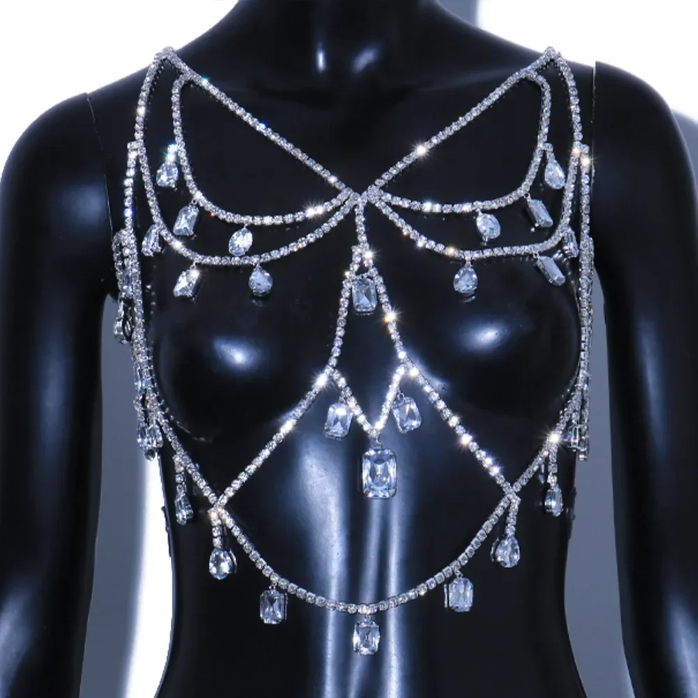 XSBODY Charm Exaggerated Big Crystal Lingerie Chest Chain Water Drop Gem Rhinestone Bra Vest Chain Ladies Clubwear Jewelry - Image 4