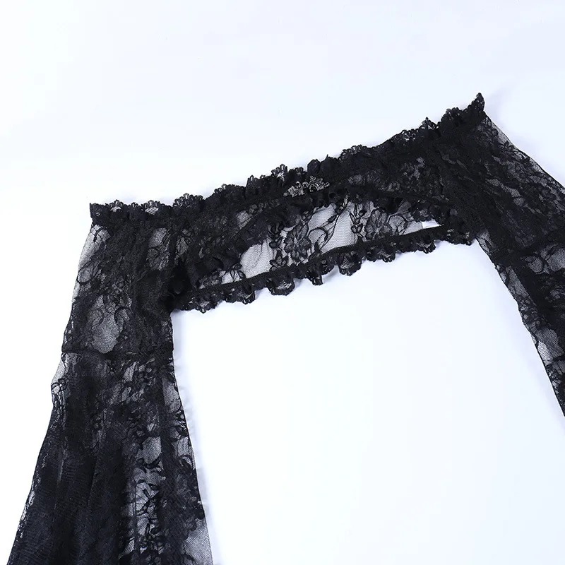 Vintage Dark Gothic Lace Long Flare Sleeve Overlay Shrug Covers One Shoulder Grunge Aesthetic Black Tops for Women - Image 3