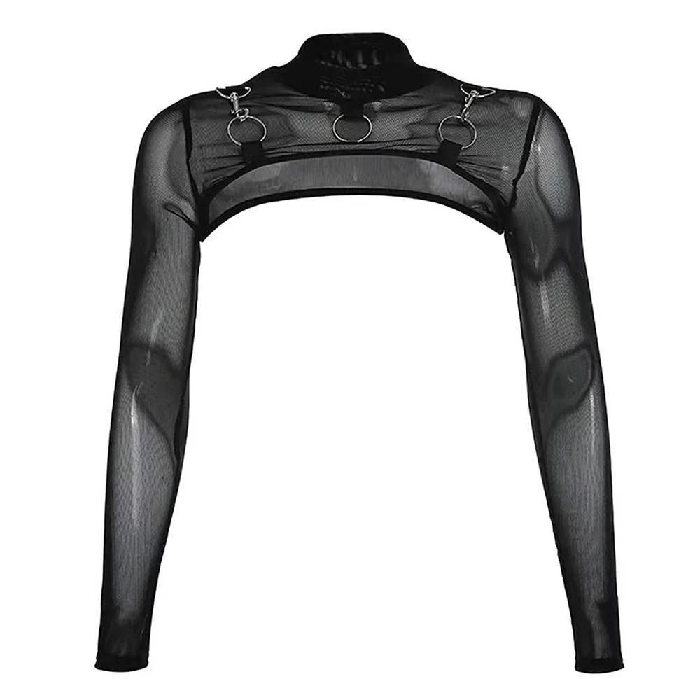 Sa8c9799bf91c4812b5b92eac427b682ao.webp Women's Gothic Mesh See Through Long Sleeve Turtleneck Bolero Shrug Crop Tops Black O-ring Metal Detail