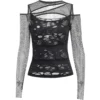 Harajuku Black Gothic Black Tops See Through Mesh Steampunk Hole Long Sleeve Tshirt Y2k 90s Destroyed Ripped Grunge Pullovers