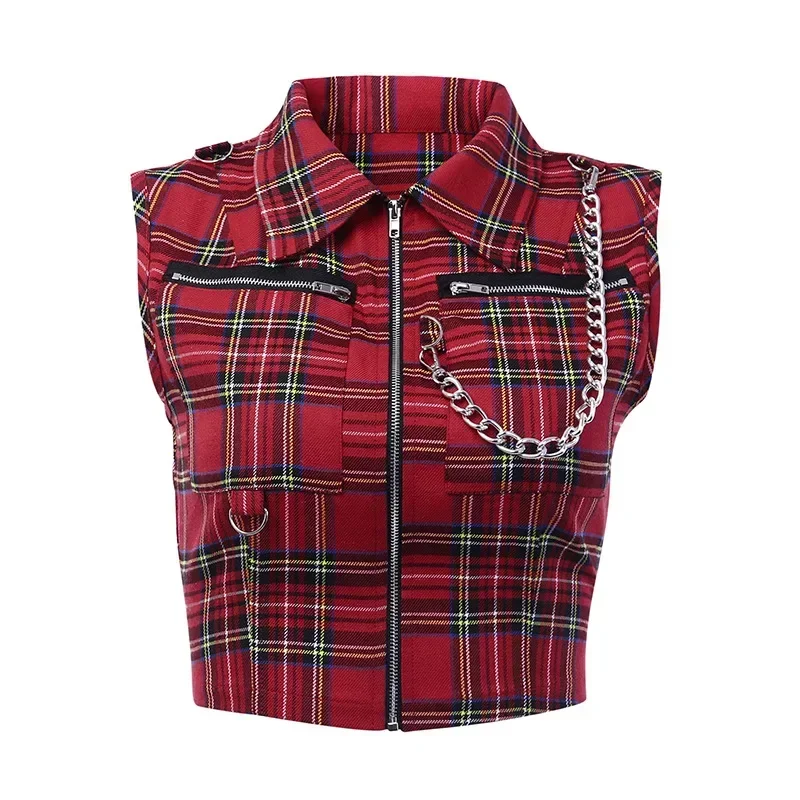 Women Gothic T-shirt Plaid Punk Streetwear Zipper Chain Plaid Female Goth Retro Hi Hop Camis Top Chic Sexy Crop Tops - Image 7
